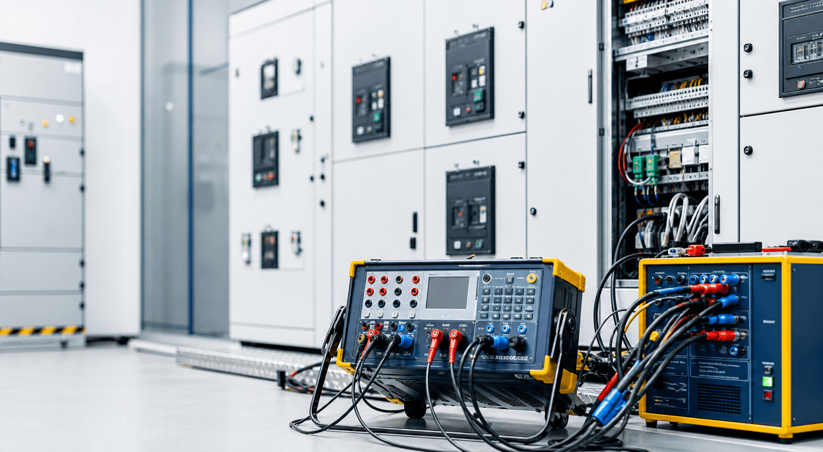 Protection relay testing equipment connected to a low voltage switchboard